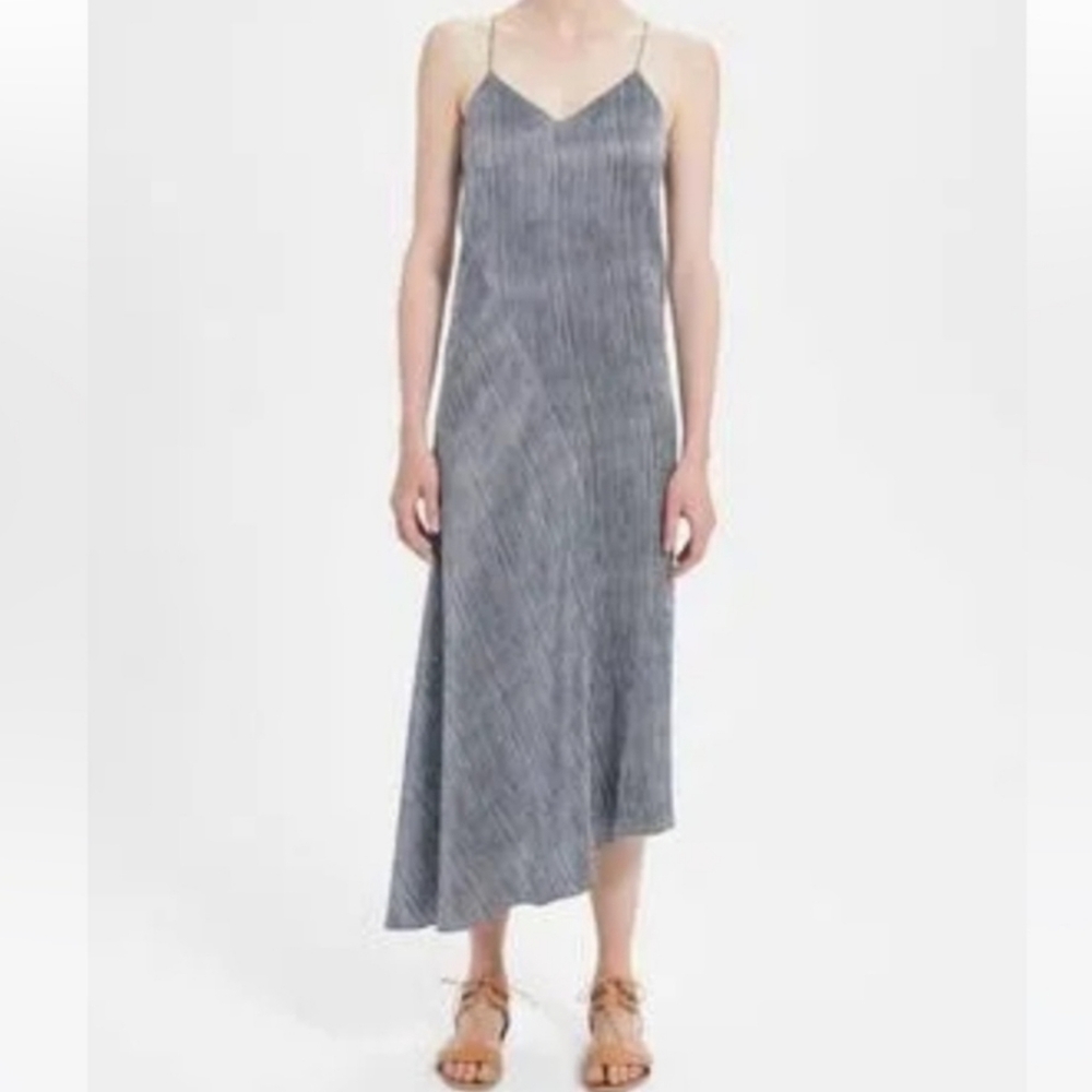 Theory Silk Asymmetrical Spaghetti Strap Navy With White Stripes Dress